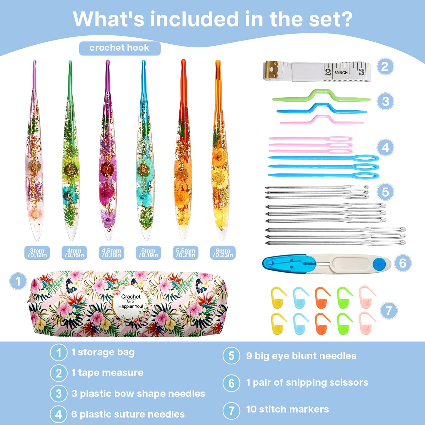 ZYNERY 6 Pcs Resin Crochet Hook Set, Ergonomic Crochet Hooks with Floral Plastic Grips, Size 3mm-6mm (3/4/4.5/5/5.5/6mm), Includes Stitch Markers & Needles for Blankets, Scarves, Hats