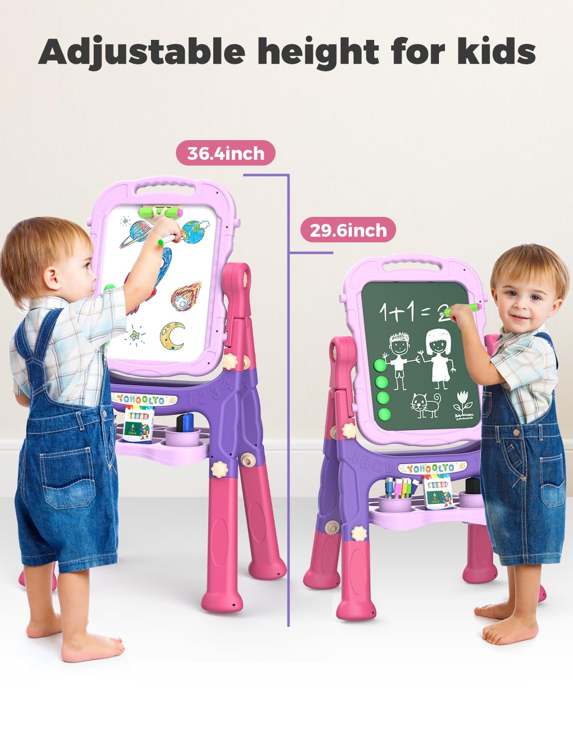 YOHOOLYO Kids Easel Standing Art Easel for Kids, Double Sided Children Pink Purple Easel Magnetic Chalkboard Whiteboard Dry Eraser Board Great Gift for Girls
