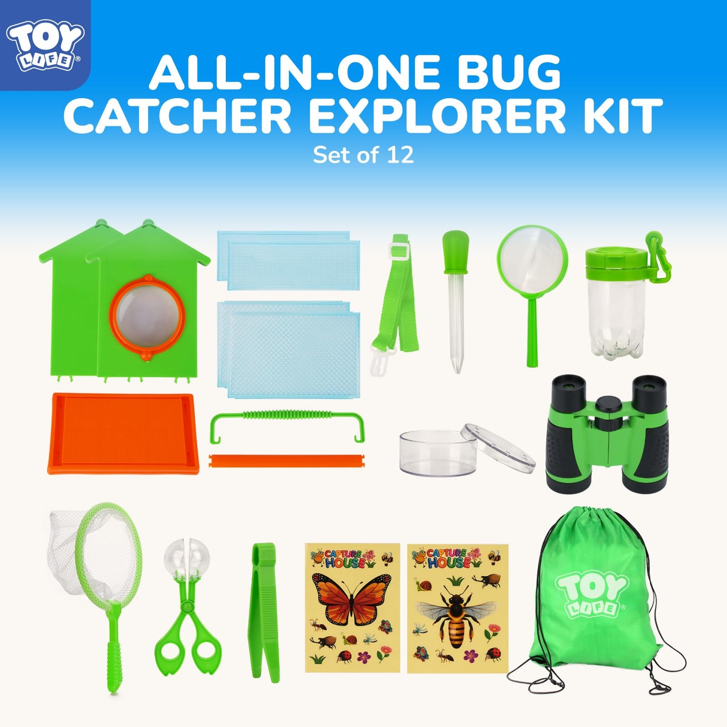 TOY Life Bug Catcher for Kids, Bug Catching Kit Kids Explorer Kit with Bug Net, Catching Tool, Tweezers, Magnifying Glass, Binoculars, Insect Catcher, Educational Outdoor Toys Kid Adventure Set