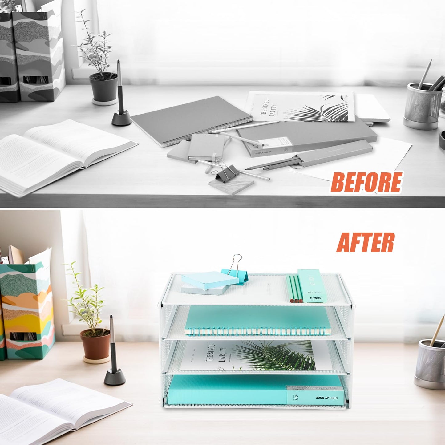 EASEPRES 3 Tier Mesh Desk Organizer Tray, Desktop Mail File Paper Letter Folder Holder Sorter Organization Rack Storage Accessories for Office Home School Classroom, White