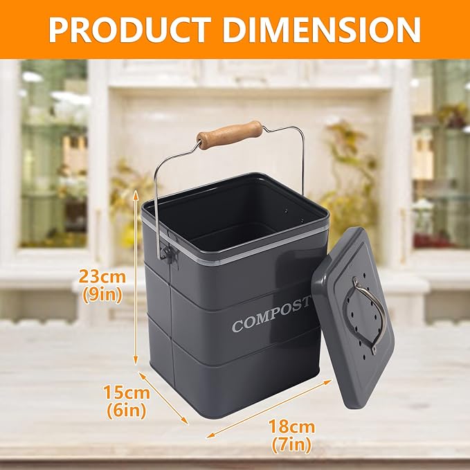 Compost Bin Kitchen Countertop Indoor Compost Pail Bucket, Great for Food Scraps, Carbon Steel, Handles, Gray, 1 Gallon - Includes Charcoal Filter