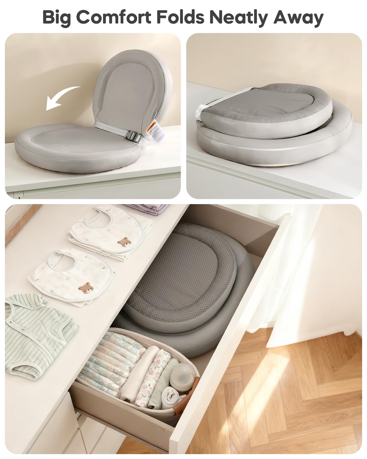 Waterproof Peanut Baby Changing Pad, Foldable Travel On-the-Go for Dresser & Changing Table, Wipe-Clean PU Diaper Pad with Non-Slip & Adjustable Safety Belt, 24"x16", Gray