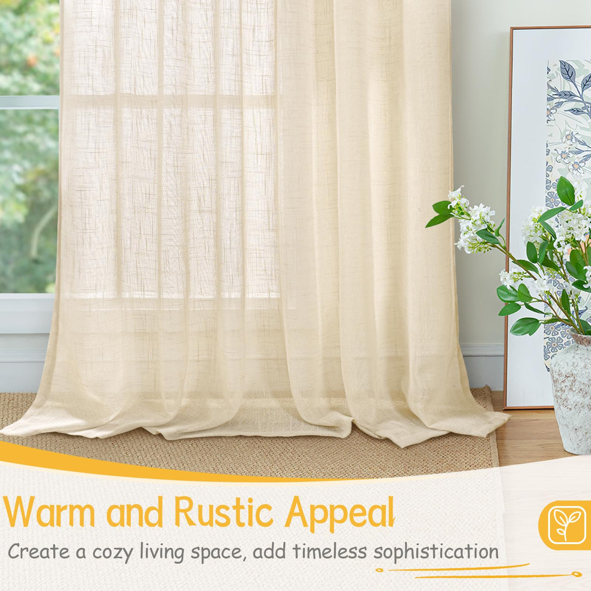 Linen Sheer Curtains 45 Inch Length for Kitchen Window (2 Count)