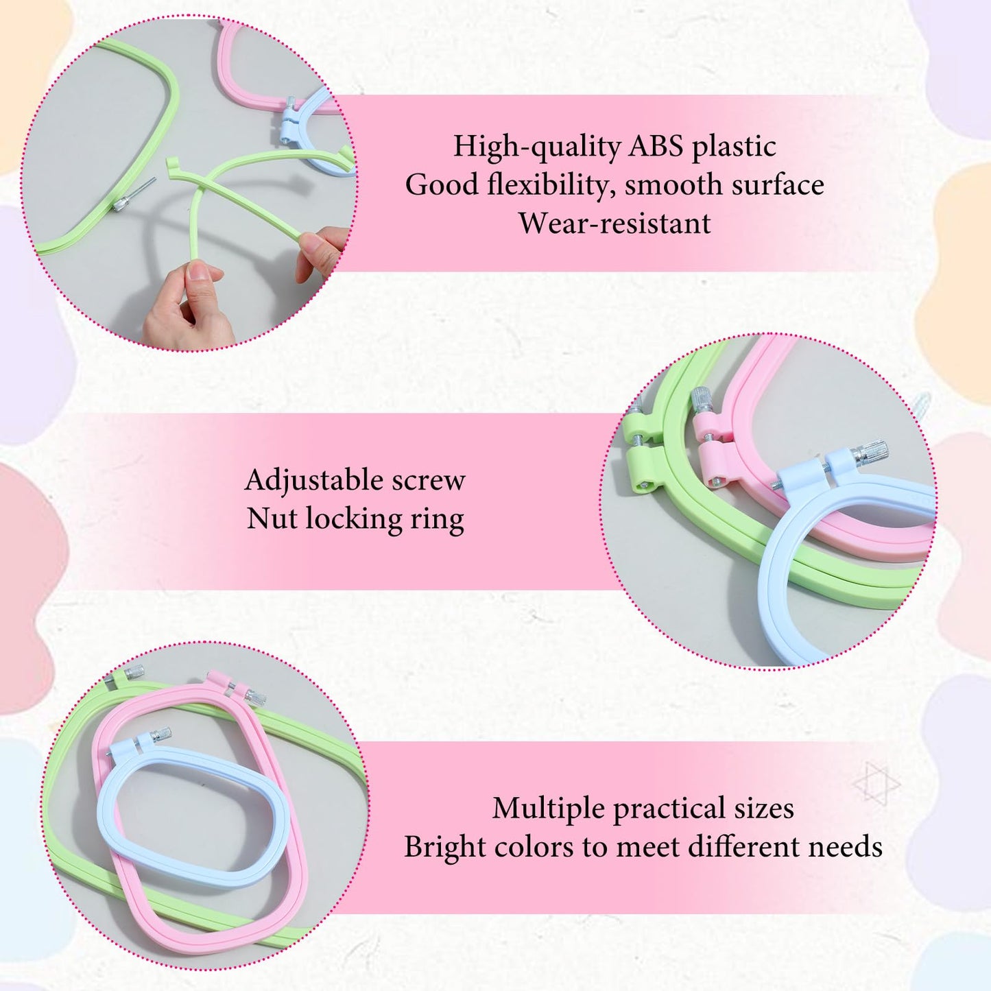 3 Pcs 3 Size Square Embroidery Hoops, Cross Stitch Hoop, ABS Plastic Hoops, Rectangular Cross Stitch Embroidery Frame DIY Sewing Tool for Quilting Silk-Painting, 3.5 × 5, 5 × 7.8, 7 x 10 in (3 Color)