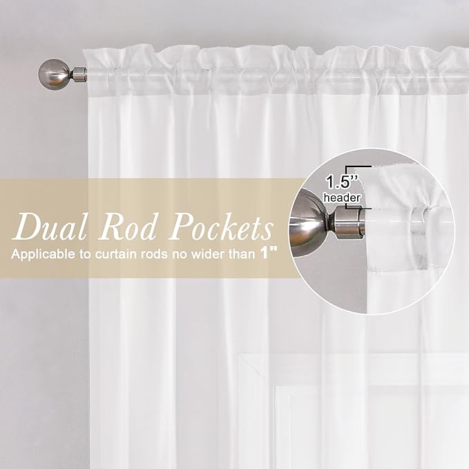 Lecloud White Sheer Curtains 90 Inches Long 2 Panels, Farmhouse Voile Window Drapes Rod Pocket, Elegant Airy Sheer White Curtains for Living Room Bedroom, Each Panel 42 X 90 Inch