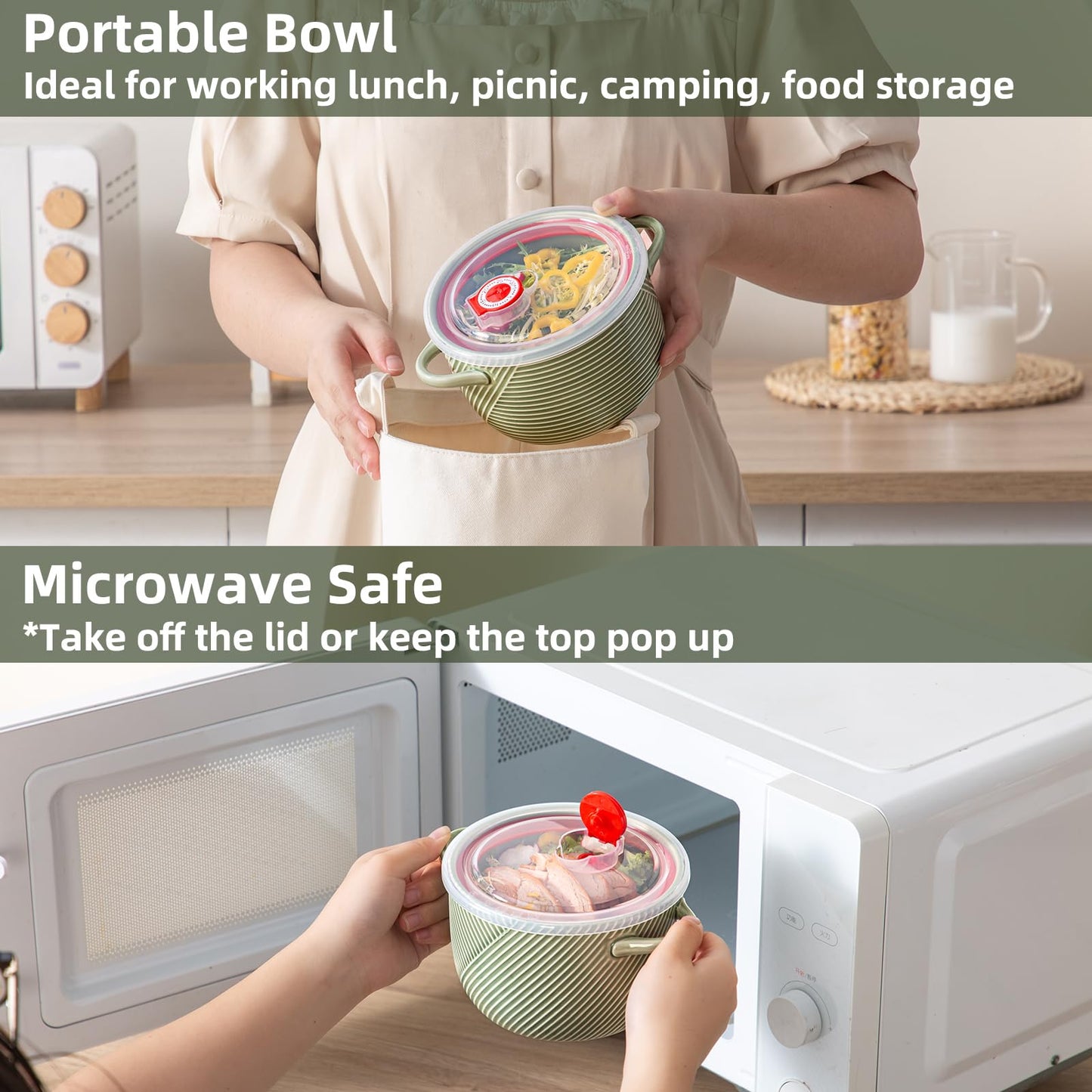 Adewnest Ramen Bowl with Lid: 32oz Ceramic Soup Bowl Set with Spoon & Chopsticks for Instant Food Noodle Office Lunch Dorm Living - Microwave Safe Portable Storage - Green