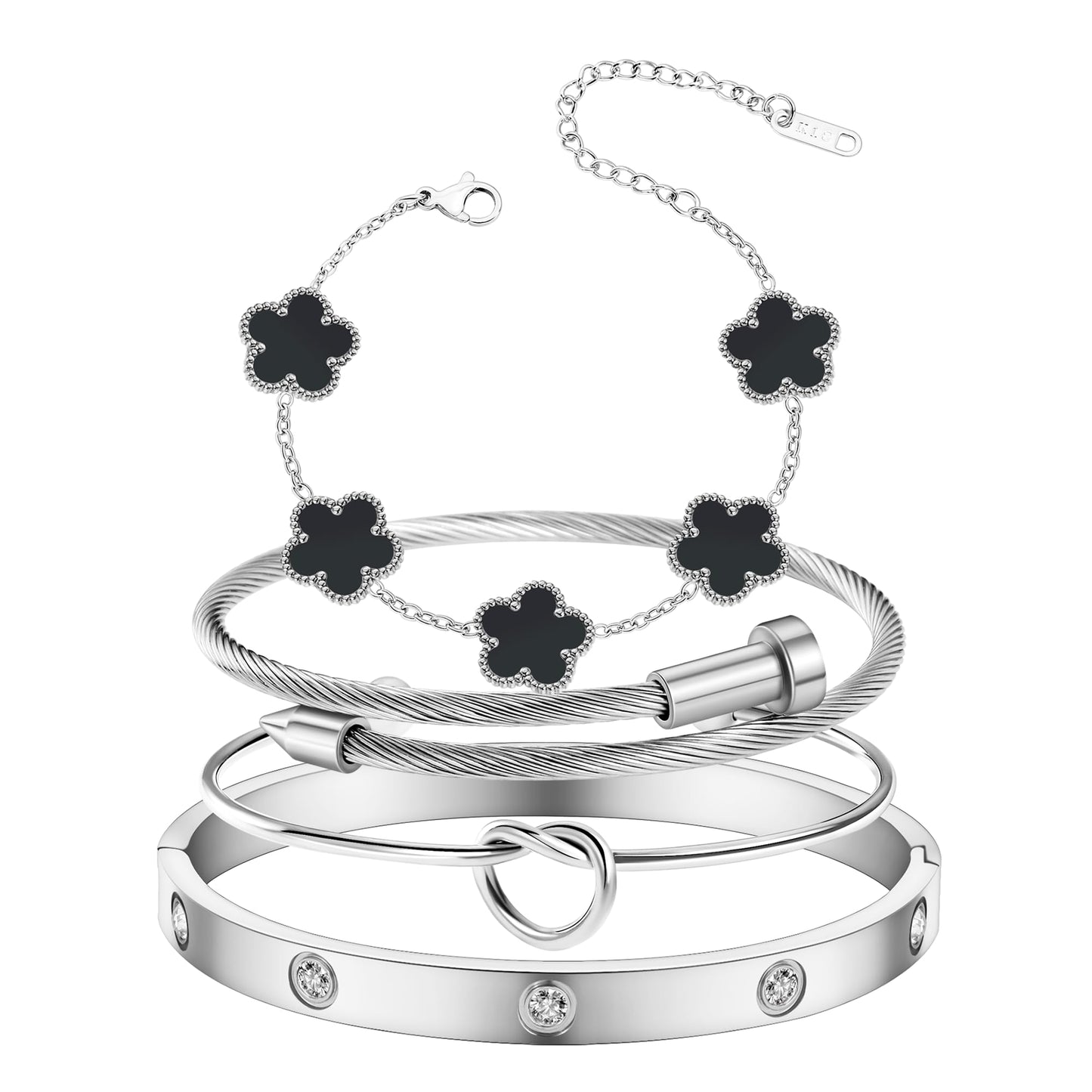 MAOCEN Womens 4Pcs Stackable Floral Gold Bracelets Stainless Steel Bangle Bracelets Non Tarnish Silver Set Trendy Jewelry Gifts for Womens (Silver Black, 7")