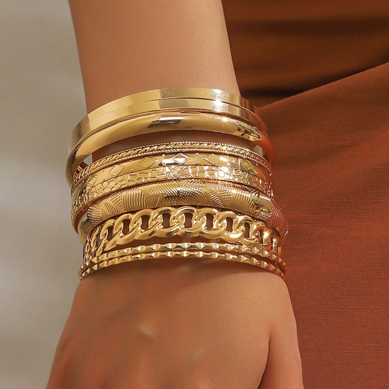RINTOLER 10Pcs Gold Bangle Bracelets Set for Women - Multi Layer Stackable Textured Chunky Bracelets Indian Bangles Boho Jewelry Set (B-10PC-Gold)