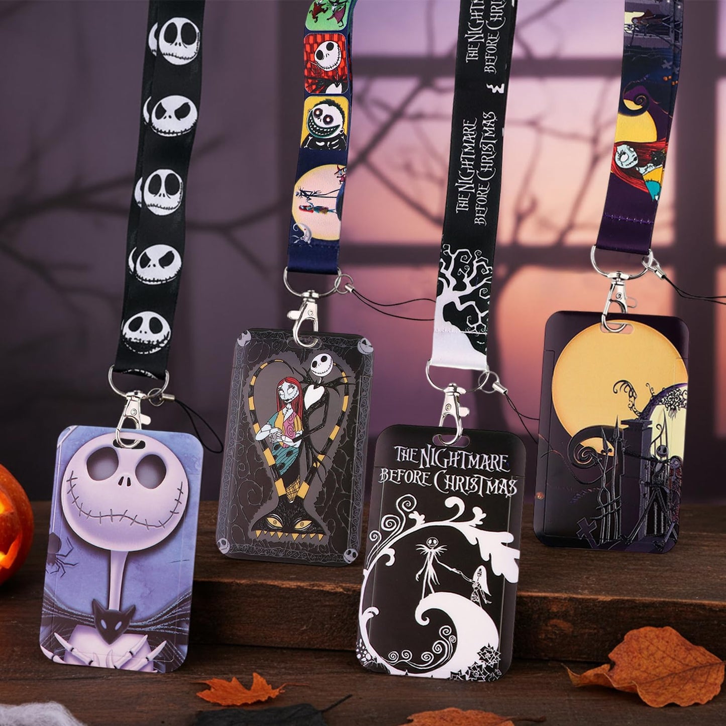 4 Pack ID Badge Holder Lanyards – Jack Sally The Nightmare Before Christmas Themed Student Card Holders for School, College & Office - Essential Campus Gear for Dorm, Dining Hall & Library Access