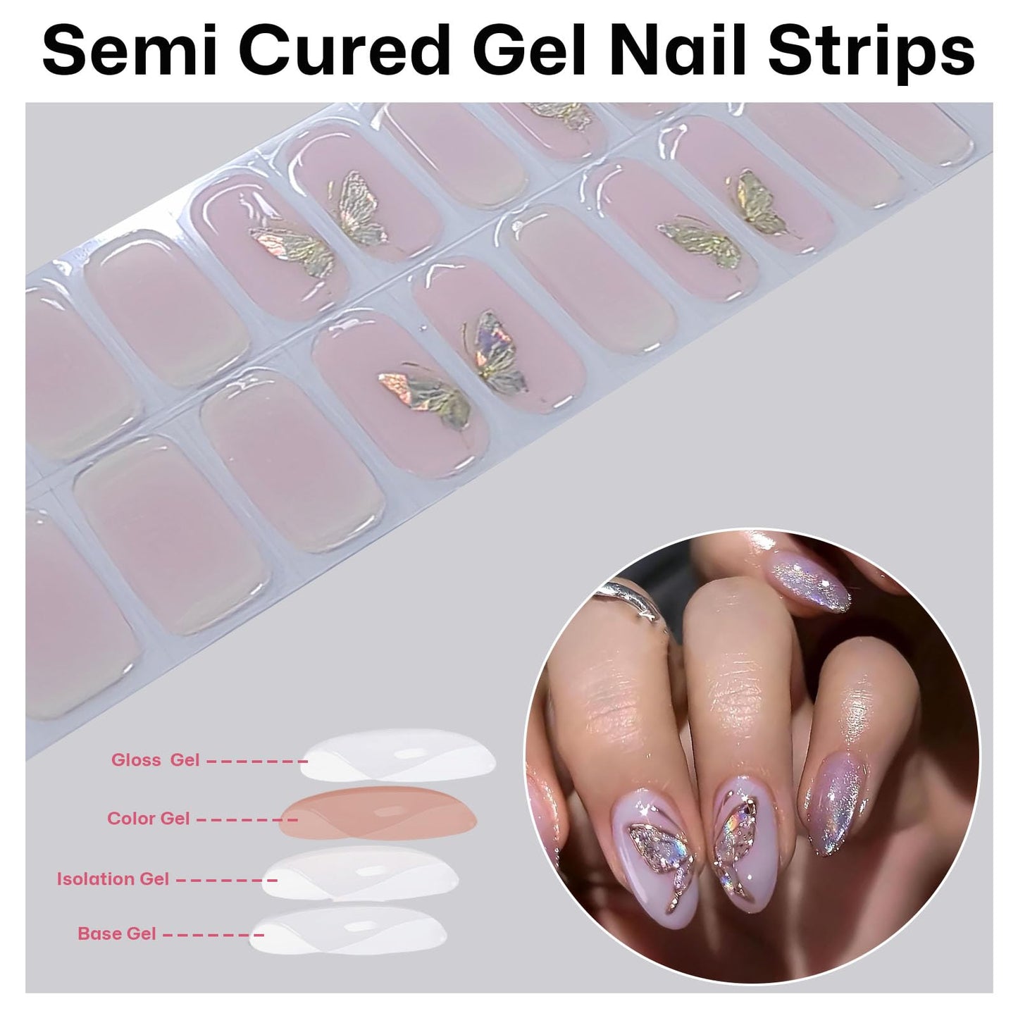 Semi Cured Gel Nail Strips with Butterfly Designs Gel Nail Stickers Glitter Full Cover Nails Wraps Need UV/LED Light with 2 Prep Pads 1Wooen Stick 1Nail File for Women 20Pcs