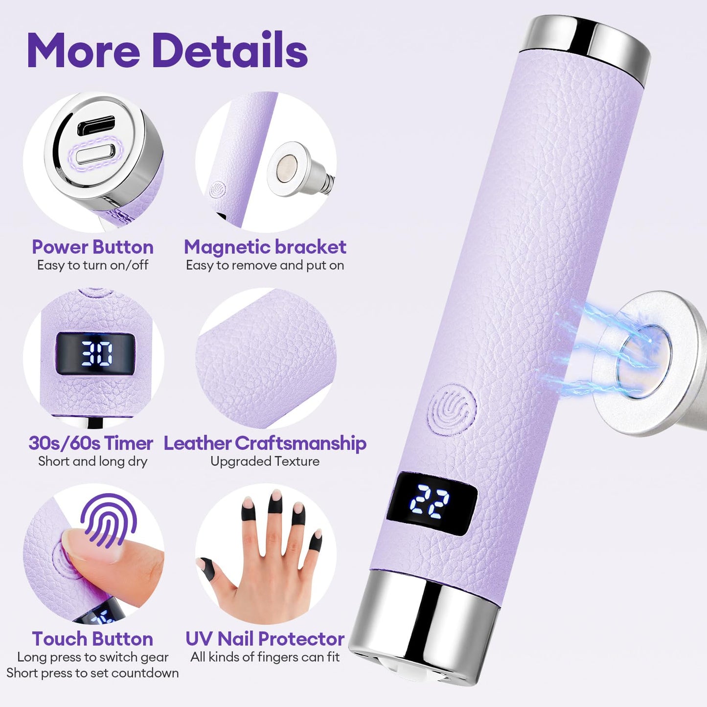 LIARTY UV Nail Lamp Cordless: Mini Rechargeable Auto Sensor LCD Display 2 Timers - Gooseneck Flash Curing Light Pen for Gel Nails Polish with Base (Purple)
