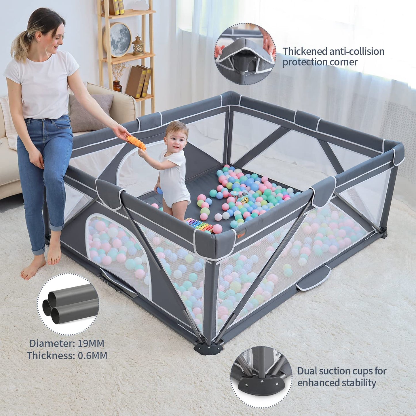 Yobear Foldable Baby Playpen (71"x59") - Portable Play Yard for Babies and Toddlers with 50 Ocean Balls, 2 Pull Handles & Carry Bag - Easy Setup Safe Indoor Outdoor Kids Activity Center (Dark Grey)