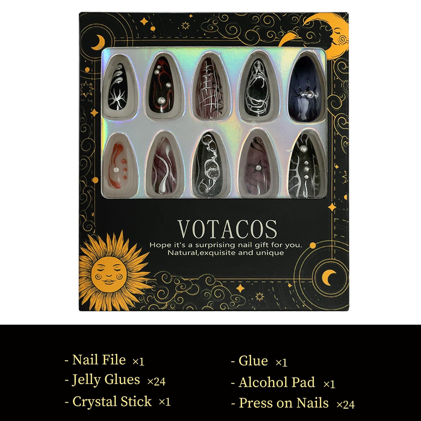 VOTACOS Goth Red Black Press on Nails Almond Medium Acrylic Fake Nails Press Ons with Glue 24Pcs Silver Lines Beads Y2K Stick on Nail with Designs 3D Star Artificial Glue on False Nail for Women