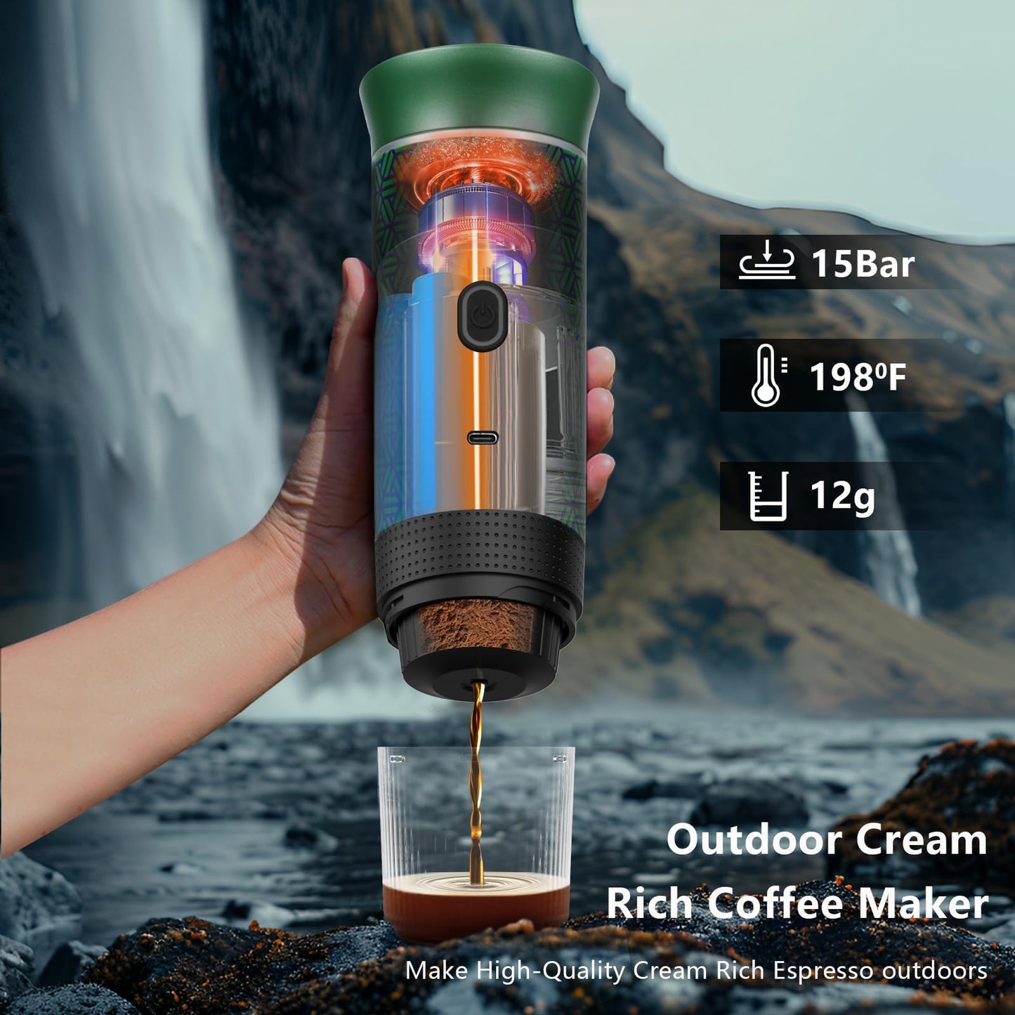 HX HECLX Coffee Maker Gift Set for Camping,Battery Powered Portable Electric Espresso Machine, Rechargeable Coffee Maker Self Heating Ground Coffee Capsule for RV, Hiking (Green mix Black)