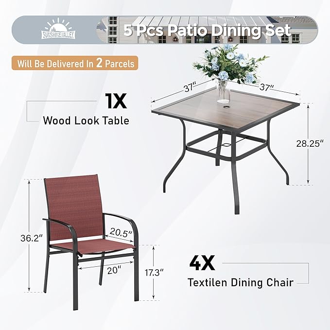 5 Piece Patio Dining Set for 4, 37'x37' Square Table with Umbrella Hole and 4 Metal Chairs, Outdoor Table and Chairs Set for Lawn, Backyard and Deck, Red