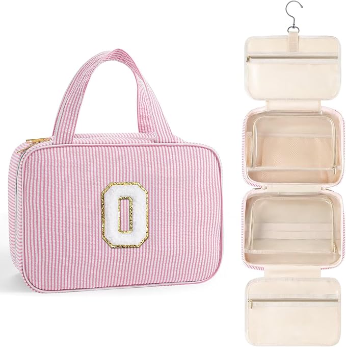 TOPEAST Travel Toiletry Bag for Women - Hanging Toiletry Bag Makeup Bag, Portable Toiletries Cosmetic Bag, Airplane Travel Essentials - Letter O, Pink