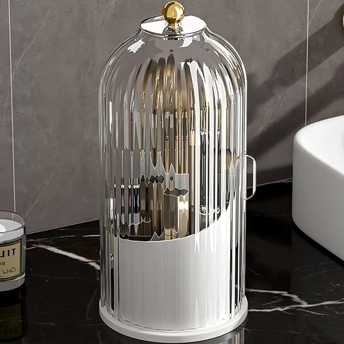 Makeup Brush Organizer Toothbrush Holder with Transparent Door Lid, 360 Rotating Sliding Opening, Door Dustproof&Waterproof for Vanity Bathroom Bedroom (White)