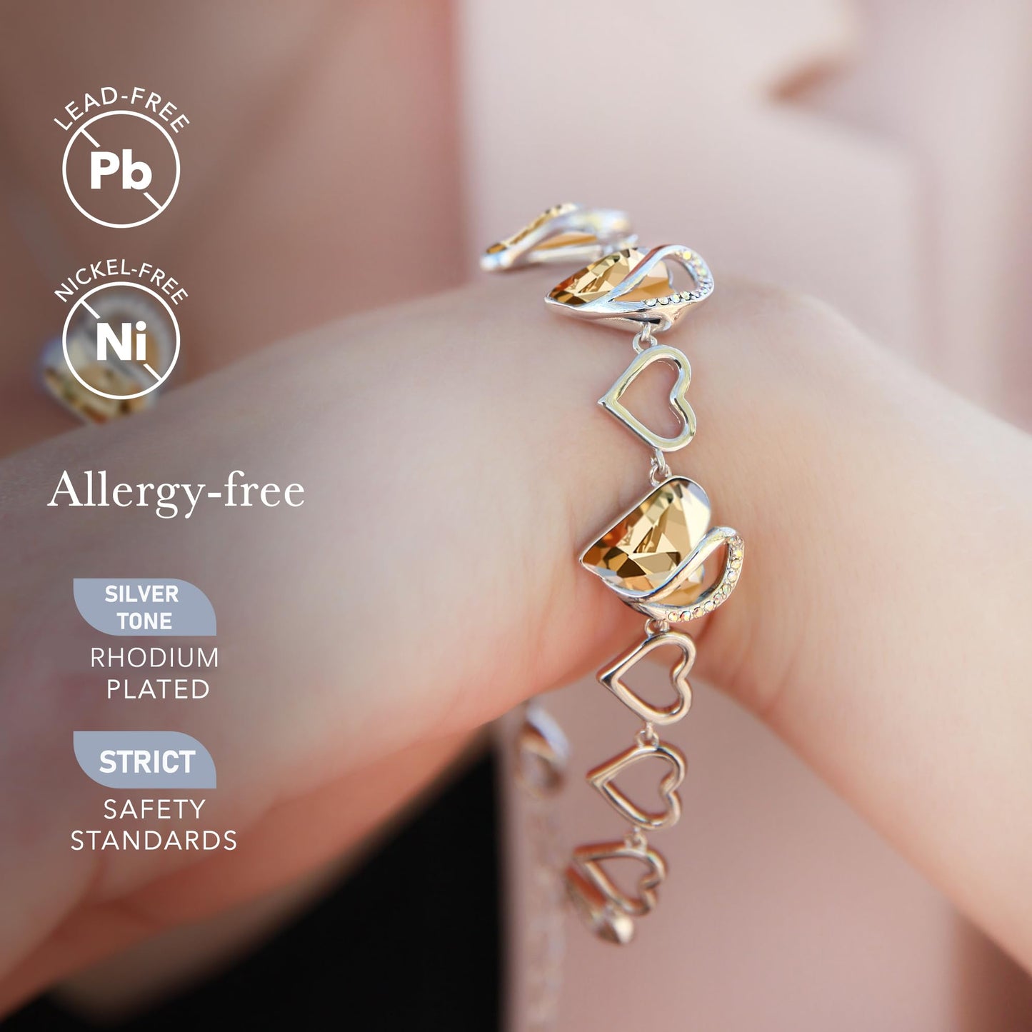 Leafael Infinity Love Heart Gift Bracelet for Women, November Birthstone Crystal, Yellow Shade, Silver Tone, 7-inch Chain and 2-inch Extender