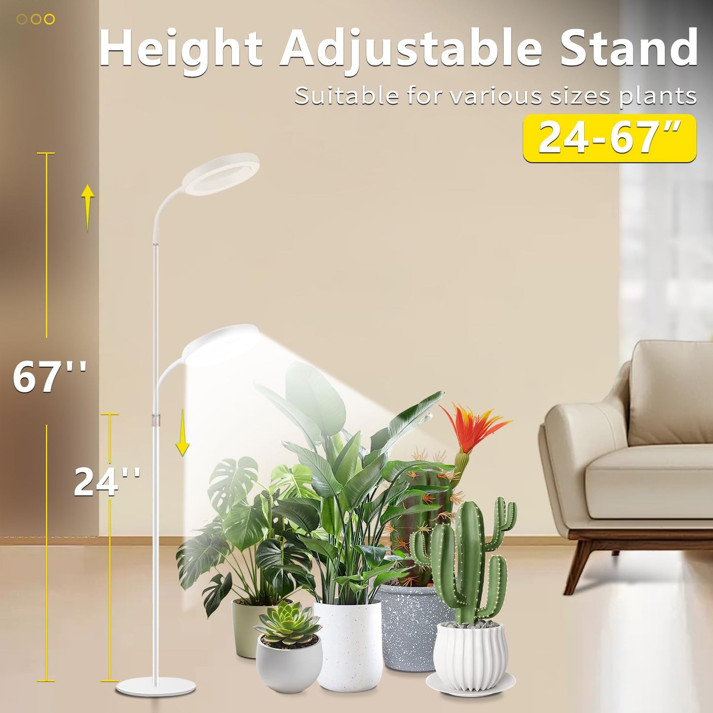 Floor Grow Lights for Indoor Full Spectrum Plant Lighting with Adjustable 67" Stand for Growing Large Tall Plants 3/9/12H Timer,3 Light Modes, 10 Dimming