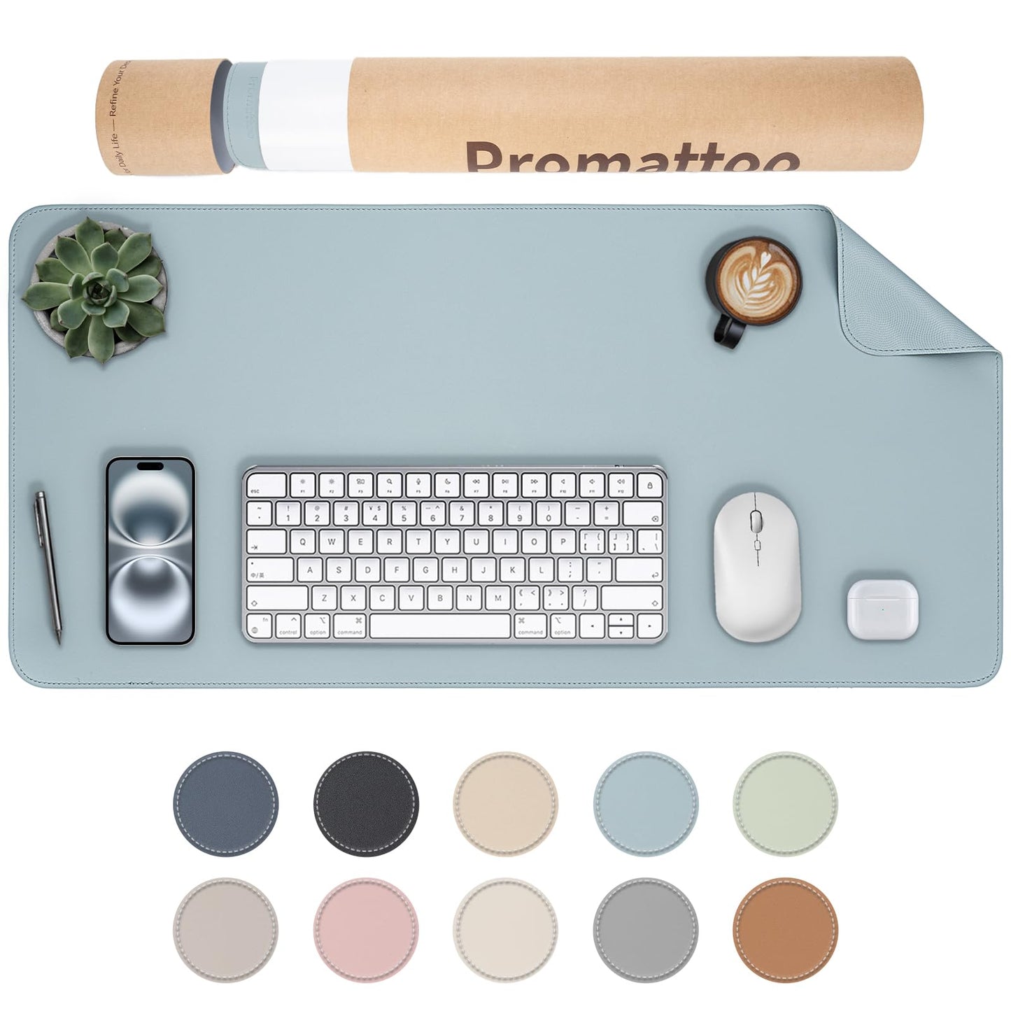 PROMATTOO Oversized Non-Slip Desk Pad Protector with Premium Gift Box – Vegan Leather Waterproof Laptop Mat for Keyboard & Mouse, Grips Desk Firmly – Large Office Pad– Morning Fog Blue