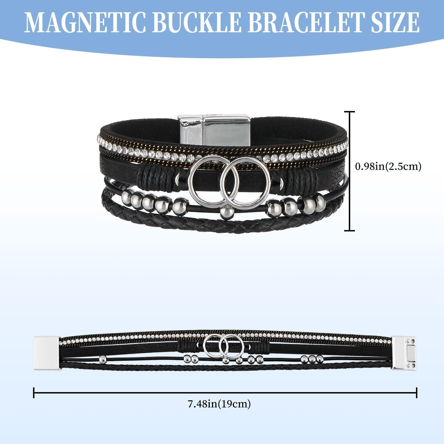 QIUTIMIY Leather Bracelets for Women Trendy Boho Cuff Bracelet Layered Bangle with Clasp Hand Wrist Jewelry Western(Style 8-Black)