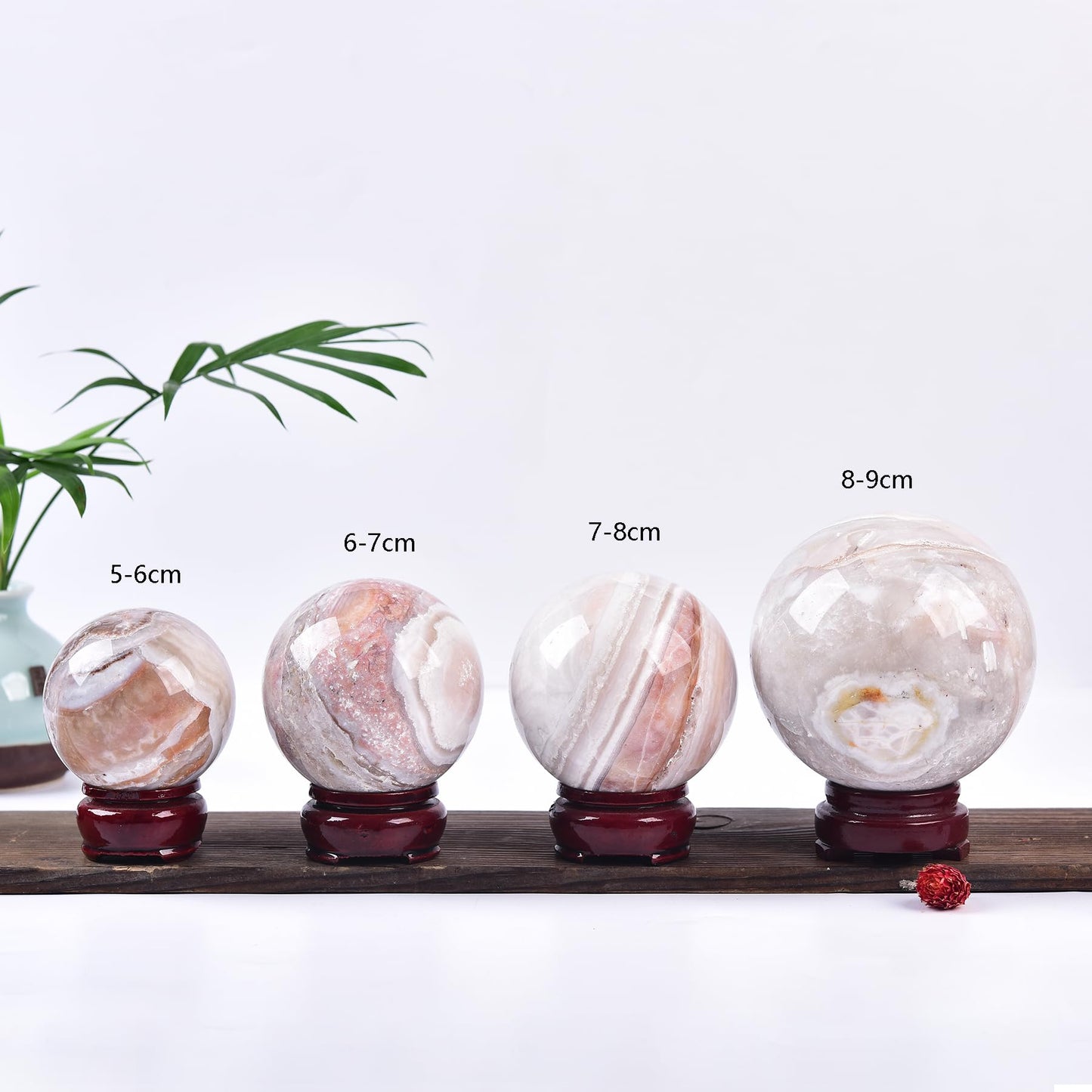 JIC Gem Natural Pink Agate Crystal Sphere with Wooden Stand,Decorative Crystal Ball Pink Gemstone Sphere for Meditation,Feng Shui,Witch-Style Decor,Table 70-80mm