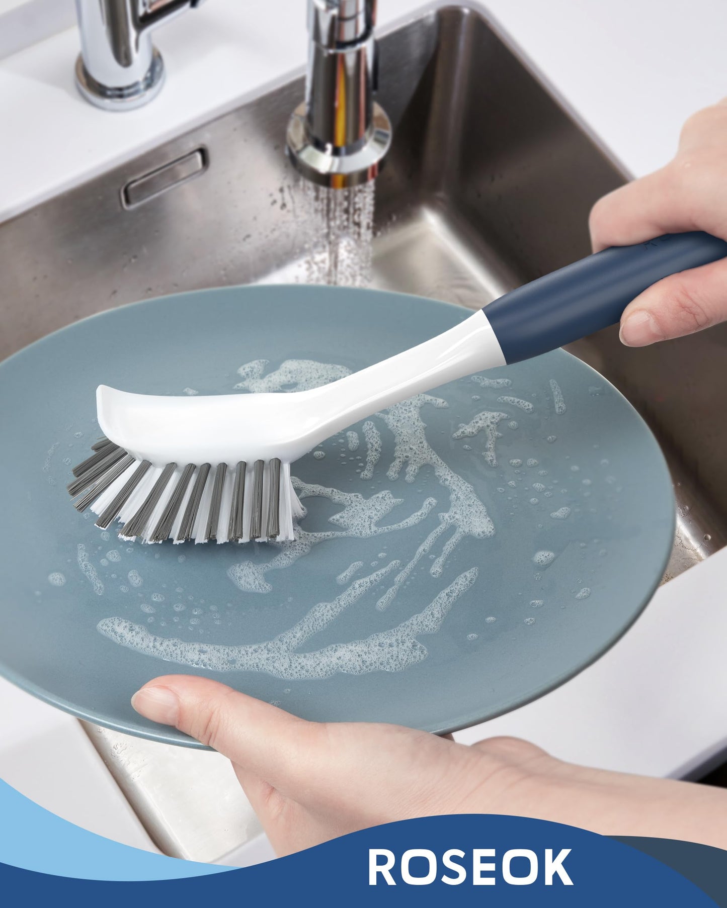ROSEOK Dish Brush with Built-in Scraper,Kitchen Scrub Brush for Cleaning Dishes,Pots,Non-Stick Pans and Sinks,Navy Blue,2 Pack
