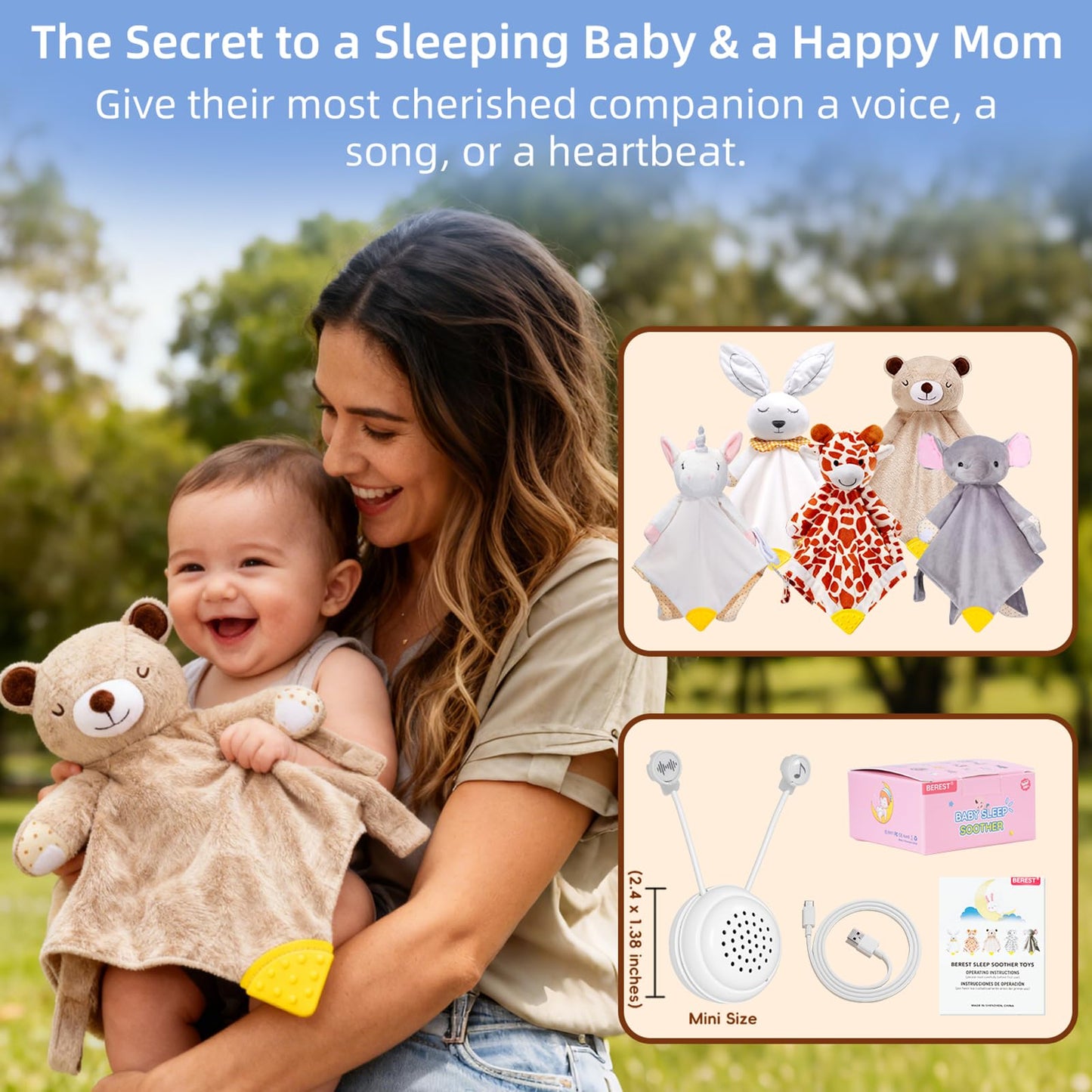 BEREST A10 Baby Lovey Music Box with 10 Soothing White Noise Sounds: Heartbeat, Lullabies, Shushing| Cry Sensor| Timer| Recording| Rechargeable Sleep Soother for Newborns| Plush Toy Insert| Baby Gift