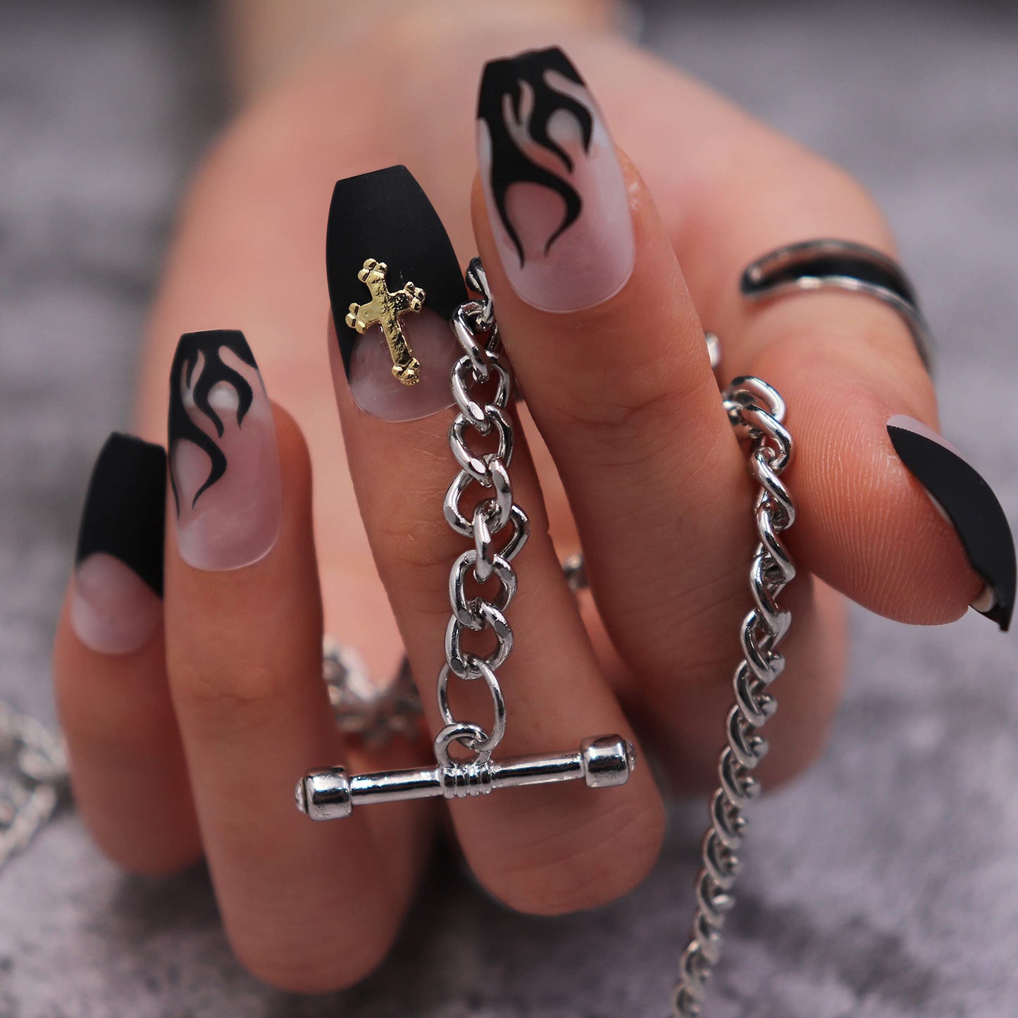 MISUD Press on Nails - Medium Coffin Glue on Nails with Goth Black Flame, Acrylic Gothic Cross Design 24 pcs