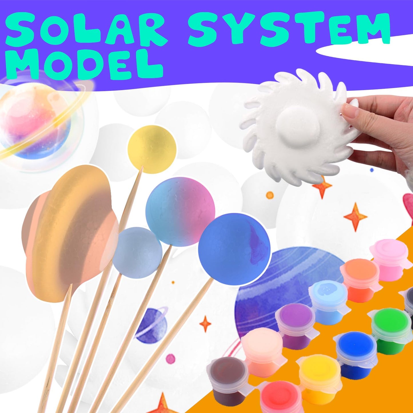 Solar System Model Foam Ball Kit, Planet Model Crafts Includes 14PCS Mixed-Sized Balls, 12 Color Pigments, 12PCS Long Sticks, 2PCS Painting Brushes for School Classroom DIY Projects, Science Projects