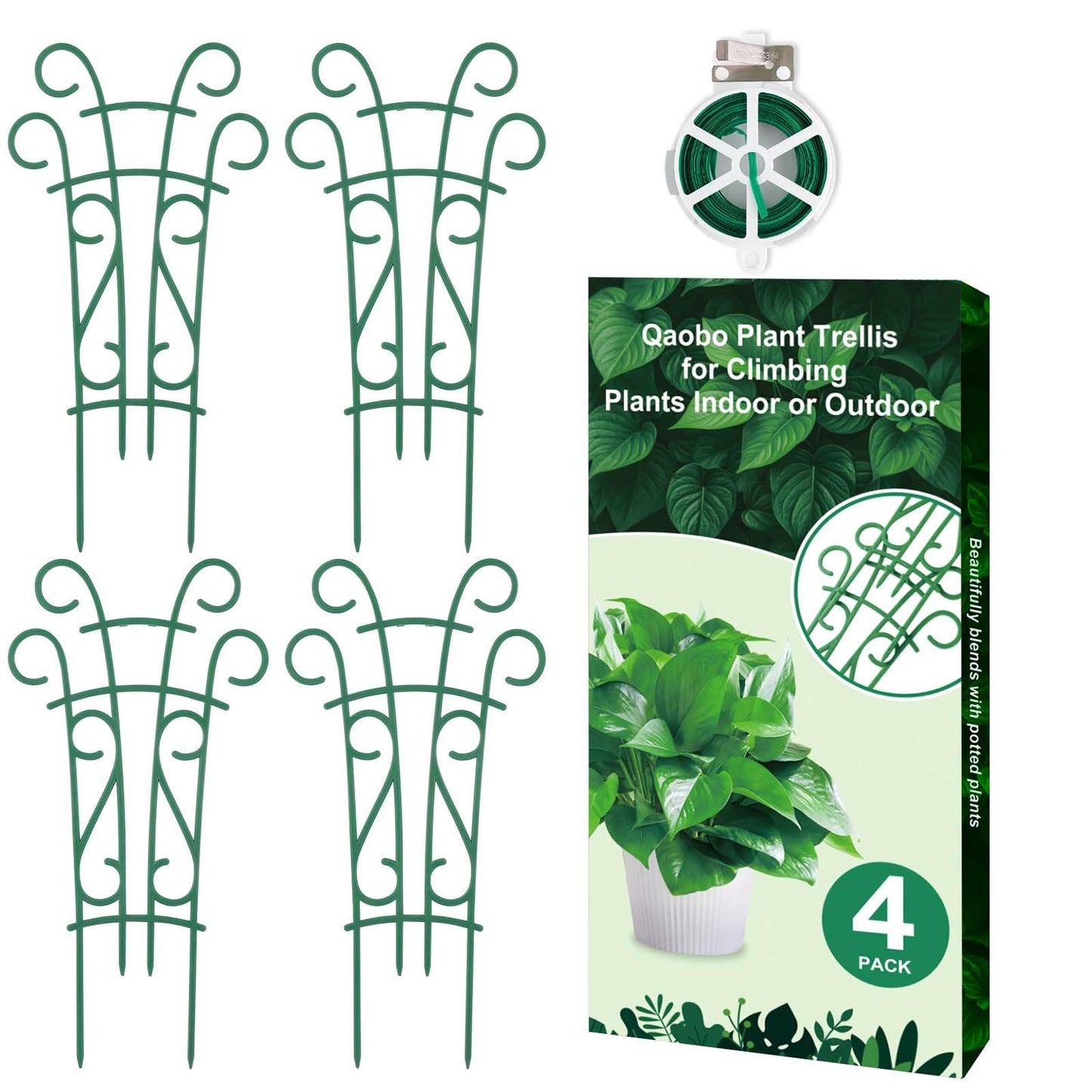 Qaobo Plant Trellis for Potted Plants 4 Pack Stackable Indoor Outdoor Climbing Houseplant Support with Garden Wire for Pothos Hoya Ivy Flower