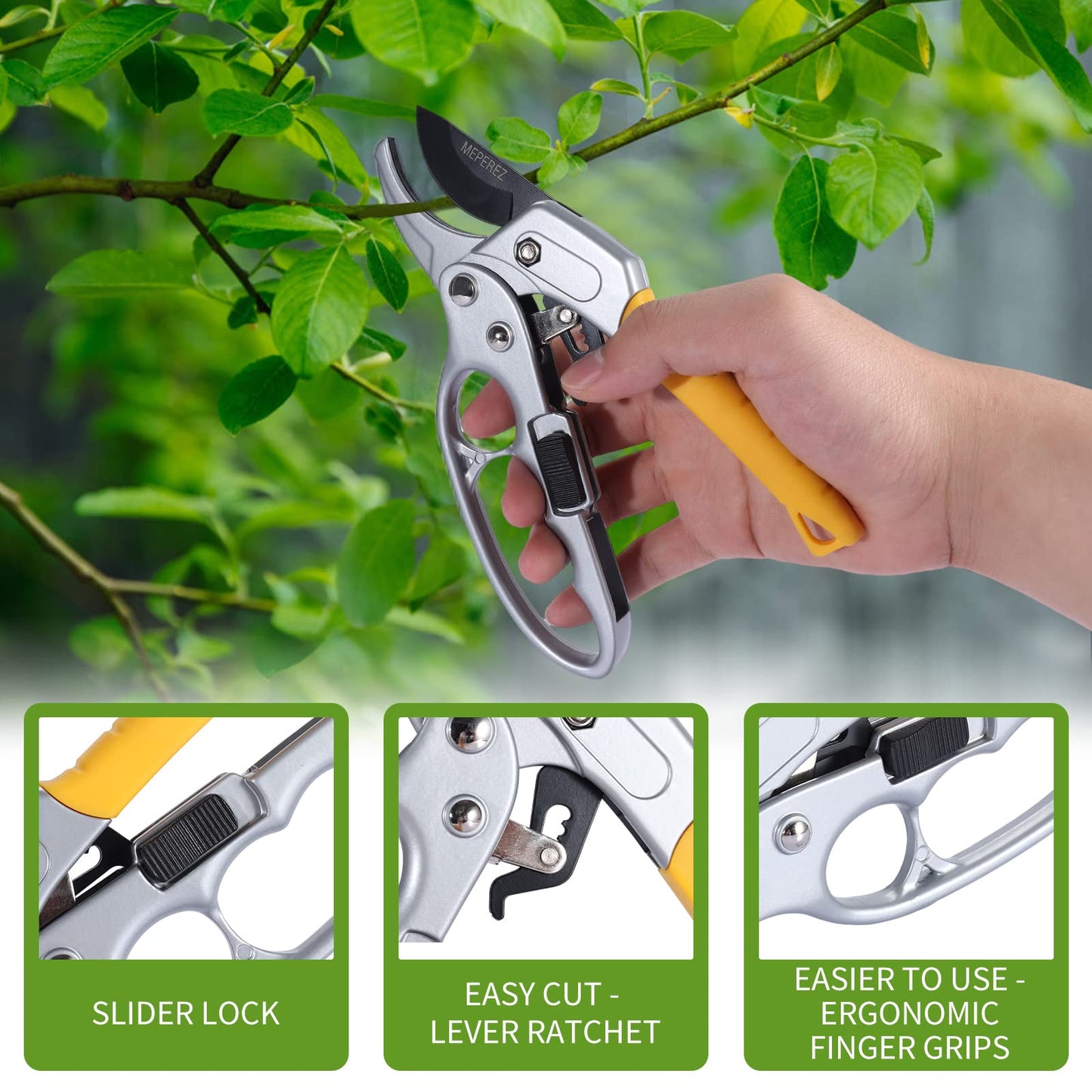MEPEREZ Premium Germany Pruning Shears, Work 3 Times Easier, Pruners Heady Duty, Sharp Garden Clippers Cut Fresh Flower, Hedge, Herb, Indoor Plants, Gardening Tools Scissors, Arthritis Weak Hand Snips