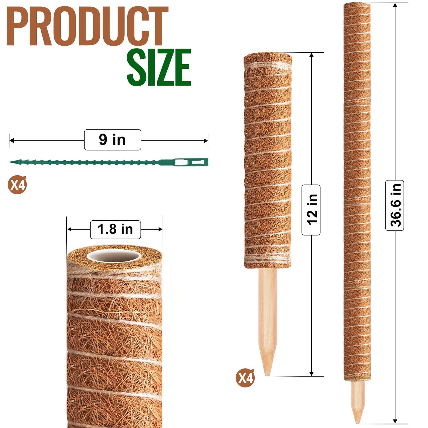 4 Pcs 12 Inches Coir Totem Pole With 8 Pcs Adjustable Plant Twist Ties - Moss Stick for Creepers Plant Support Extension, Climbing Indoor Plants
