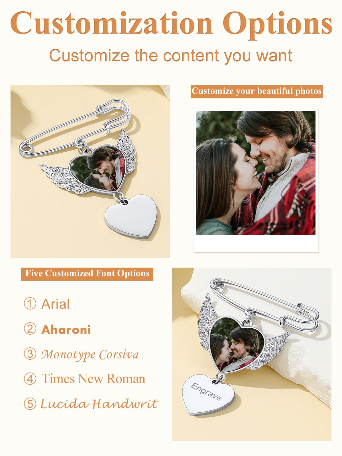 Custom4U Personalized Photos Silver Brooch for Groom Bride Wedding Bouquet Pins with Czs