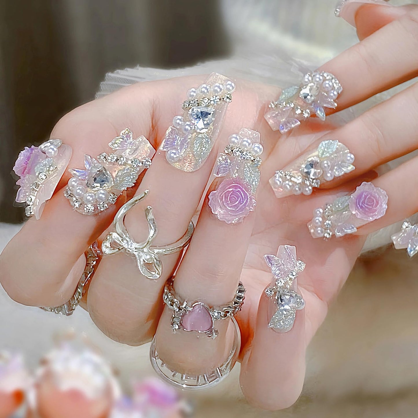 MISUD Press on Nails - Long Coffin Fake Nails with Pink Flower, Acrylic Handmade Pearl Rhinestone Design 24 pcs