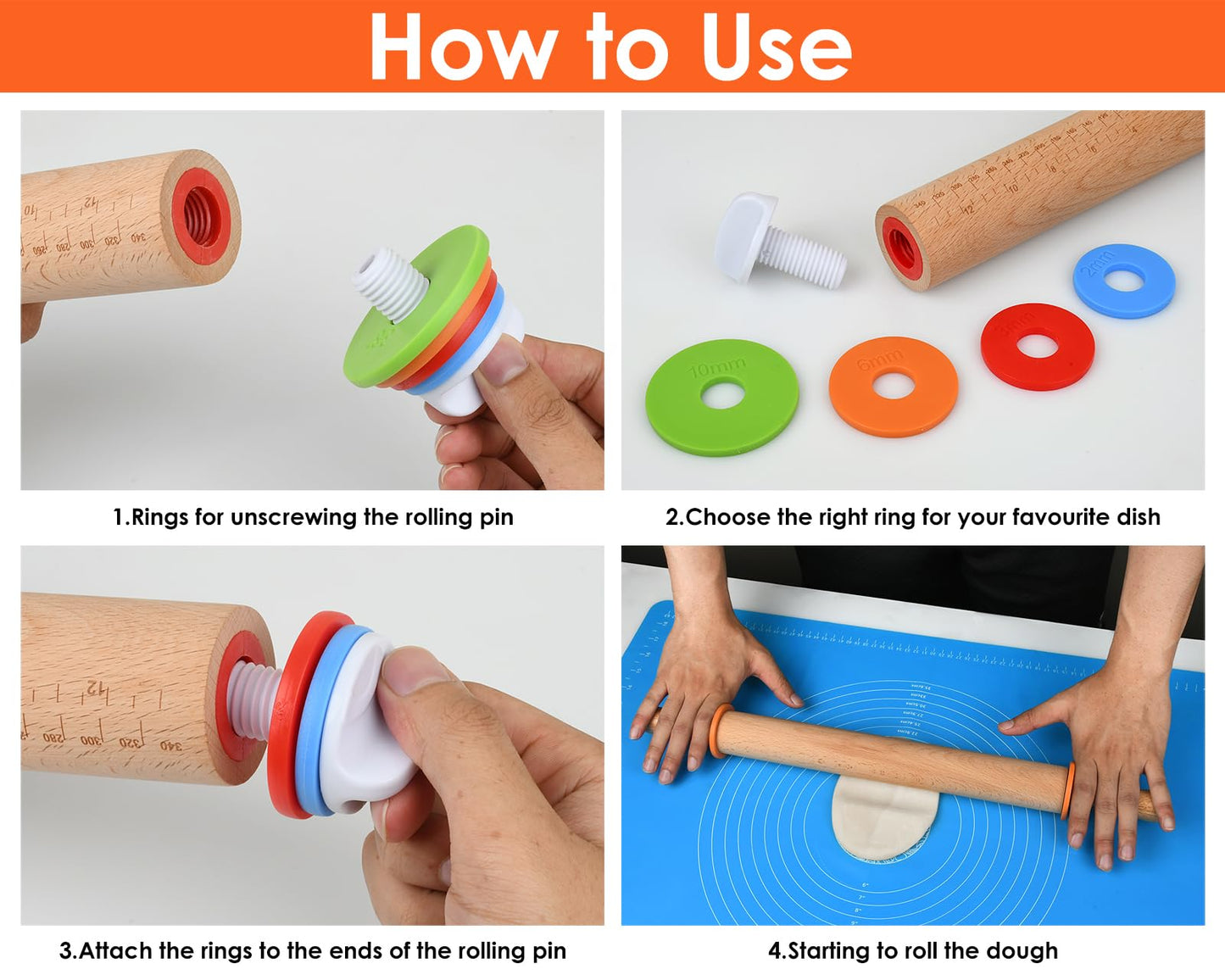 Victhur Rolling Pin with 4 Adjustable Thickness Rings and Long Handle 13.6 Inch Wooden Dough Roller for Baking, Dough, Cookie, Cake, Fondant, Pizza and Pie Crust