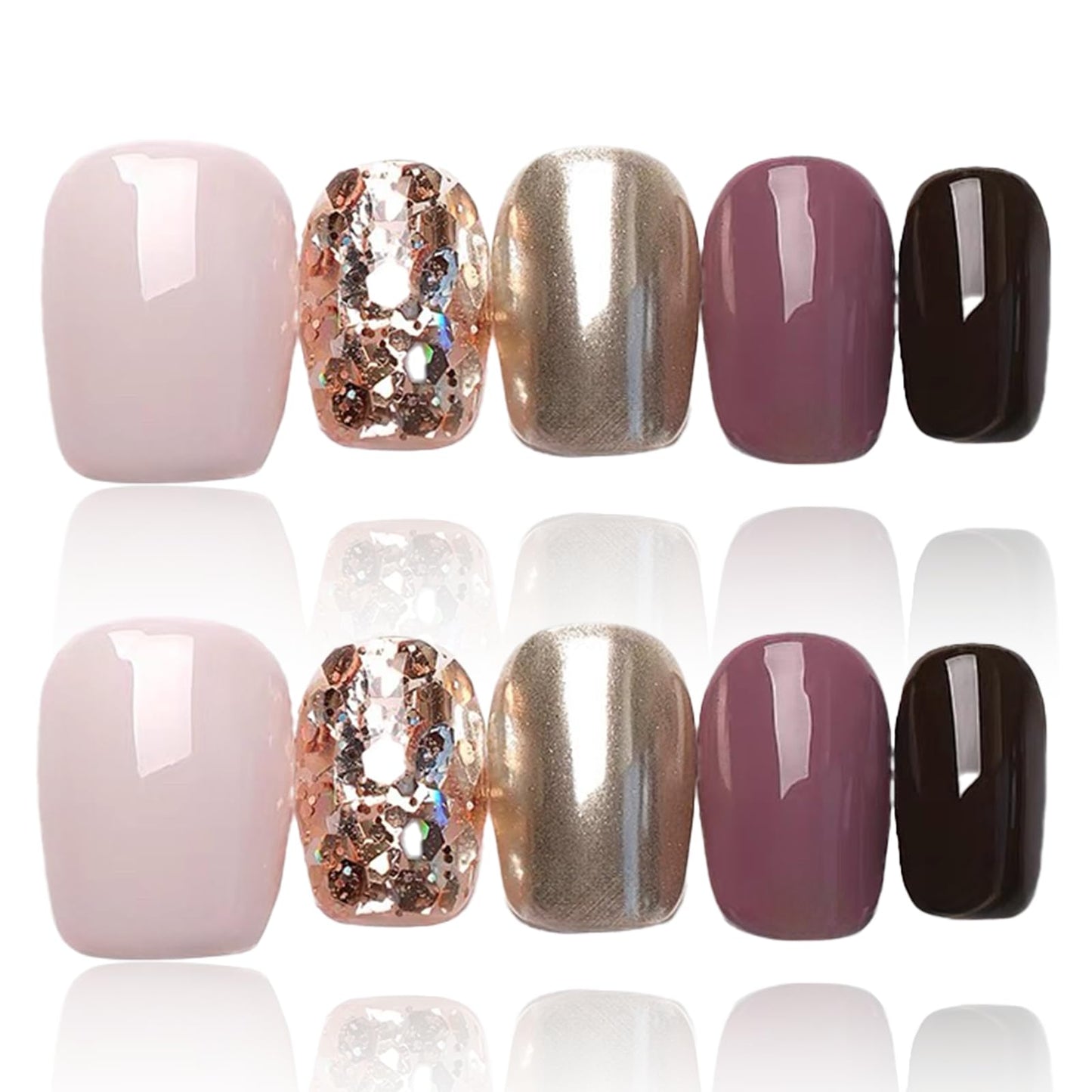 COOLYOUNG 25PC Short Glitter Press On Nails Soft Gel Acrylic Blush Pink Black Mix Reusable Fake Nails