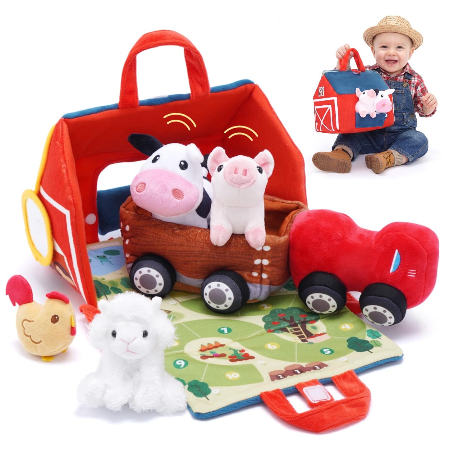 OUOZZZ Farm Stuffed Animals Toys Set for Toddlers 1 2 3 Year Old Soft Plush Playhouse with Sensory Tractor, Animal Friends with Bell Sound & Activity Mat – Portable Toy Gift for Baby Boys & Girls 9.4"