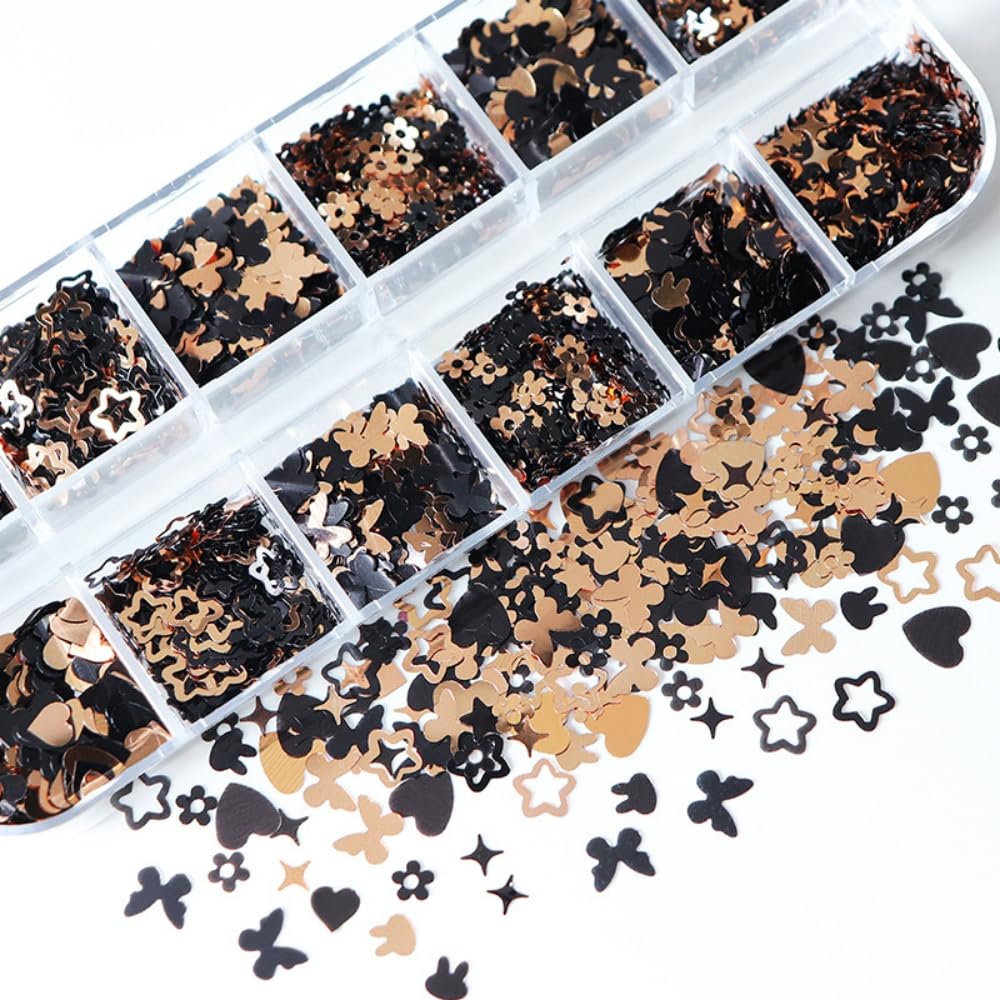 Black Gold Nail Glitter Cute Butterfly Nail Sequins 3D Hearts Nail Flakes Sparkling Flower Glitter Flakes Mixed Shape Star Nail Art Glitter Shiny Nail Sequins Glitter for Nails Art 1 Box 12Grids