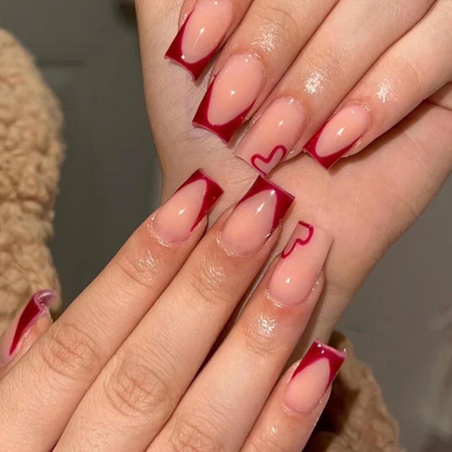 Red French Tip Press On Nails - Heart Shaped, Medium Square, Glossy False Nails - Nude Full Cover Acrylic - 24 Pcs