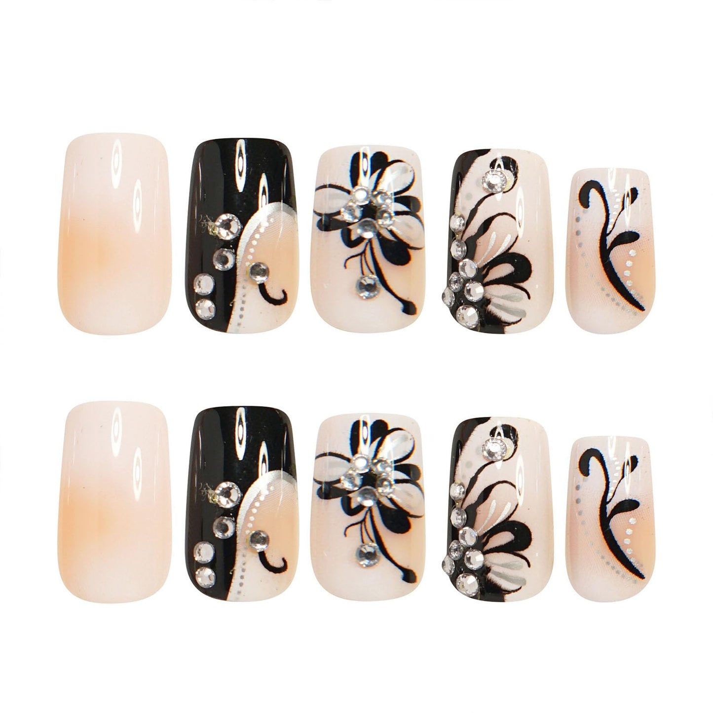 24Pcs Press on Nails Medium Square Fake Nails with Black Flower Lines Rhinestones Designs Glossy Nails Press ons Nude Gradient Glue on Nails Acrylic Nails Artificial Stick on Nails for Women