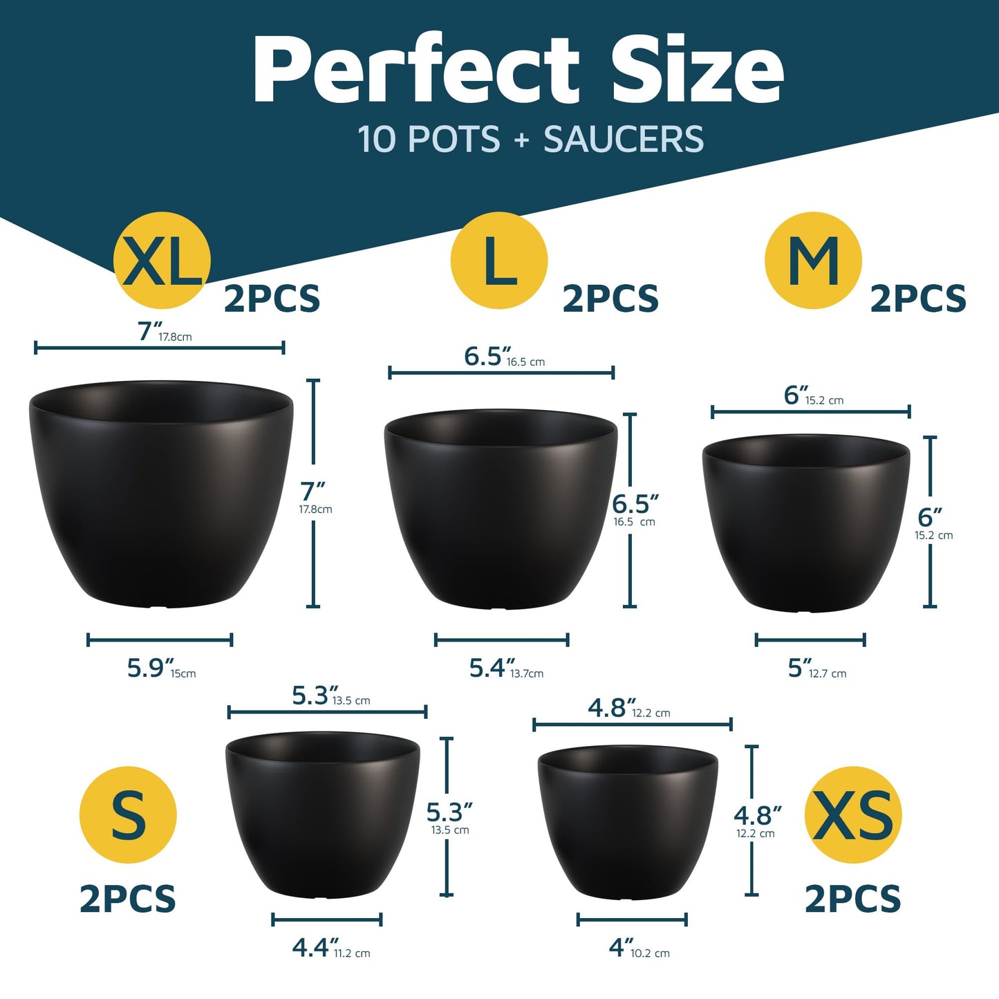 Lifemaster Plant Pots with Multi Drainage Holes - 10 Pieces Versatile, Sturdy Plastic, Stackable Design Home Decor Flower Pots for Indoor and Outdoor Gardening - Black
