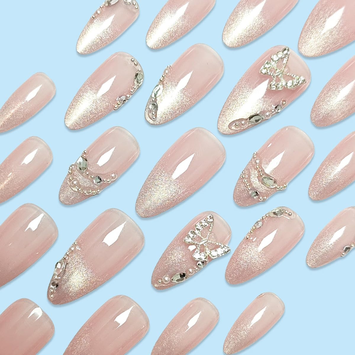 24Pcs Silver Rhinestones Press on Nails Medium Almond Fake Nails Butterfly Gems Glitter Full Cover Acrylic French Tip Glue on Nails Gradient Pink False Nails Stick on Nails for Women Nail Decorations