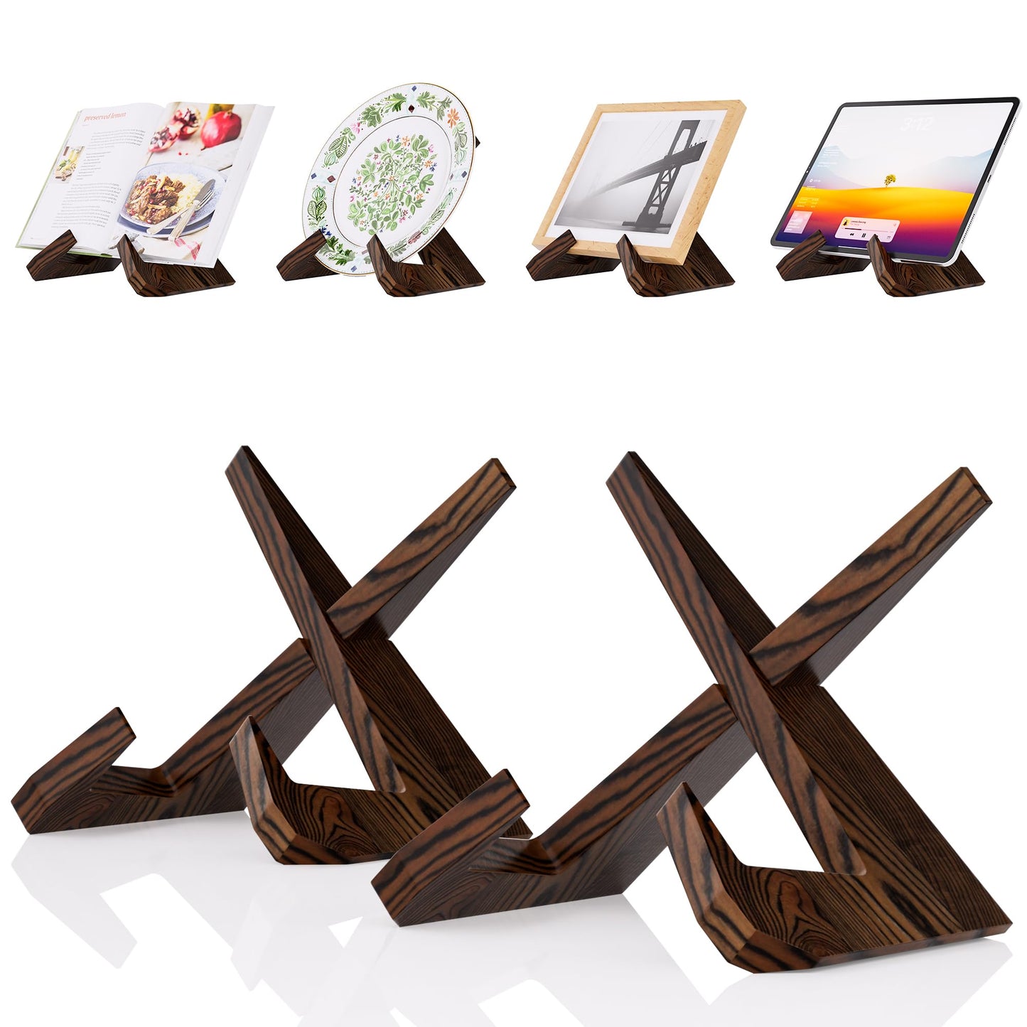 CeleVista Cookbook Stand for Kitchen, Wooden Cook Book Holder, Plate Stands for Decor Display, Recipe, Counter, Photo, Gift(Rustic Brown) (6.5in-2P)