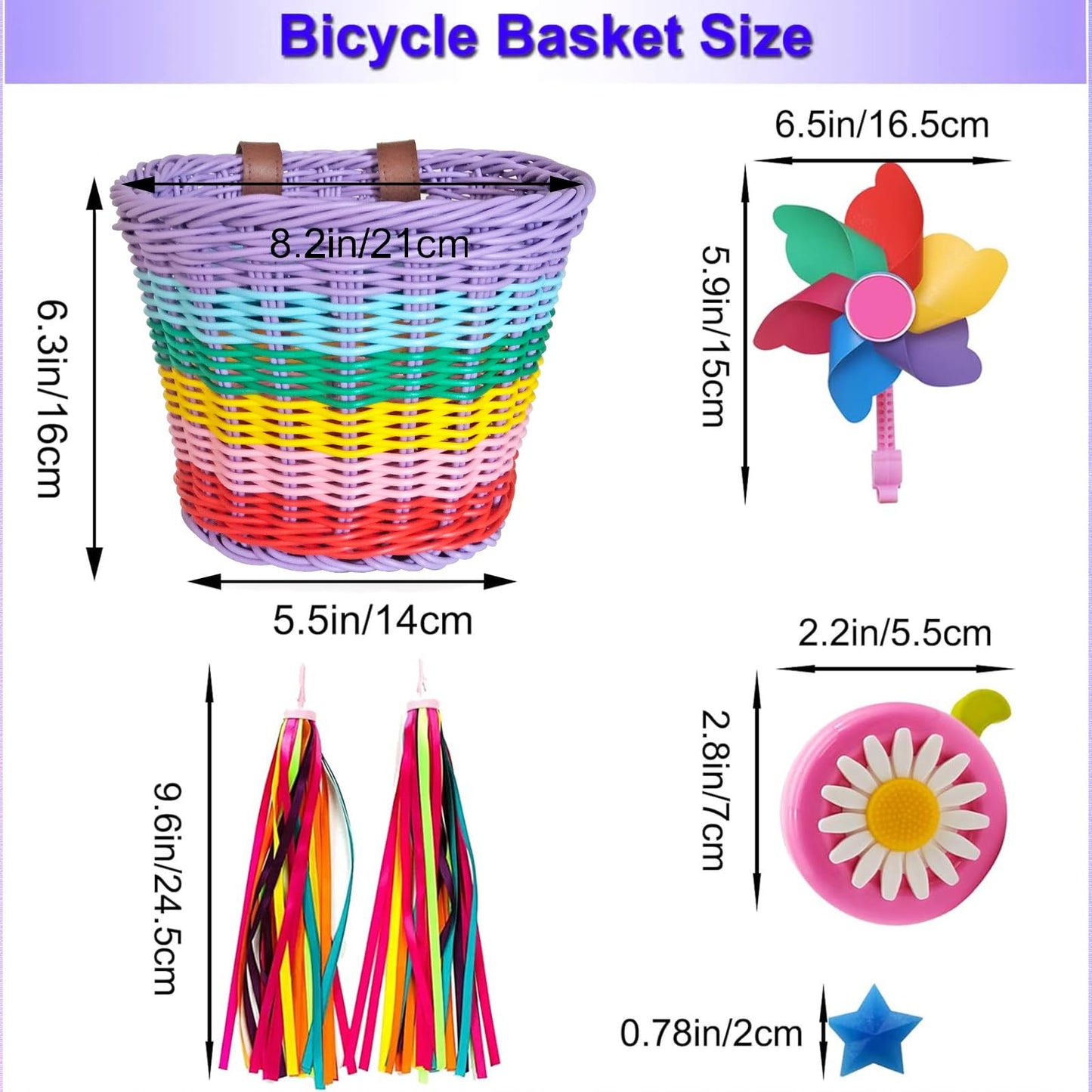 Bicycle Basket for Girls, Adjustable Front Handlebar Bike Basket with Bike Streamers Set Bell/Bicycle Windmill/Bicycle Wheel Beads DIY Bike Decoration Accessories Kit Gift (Rainbow 1)