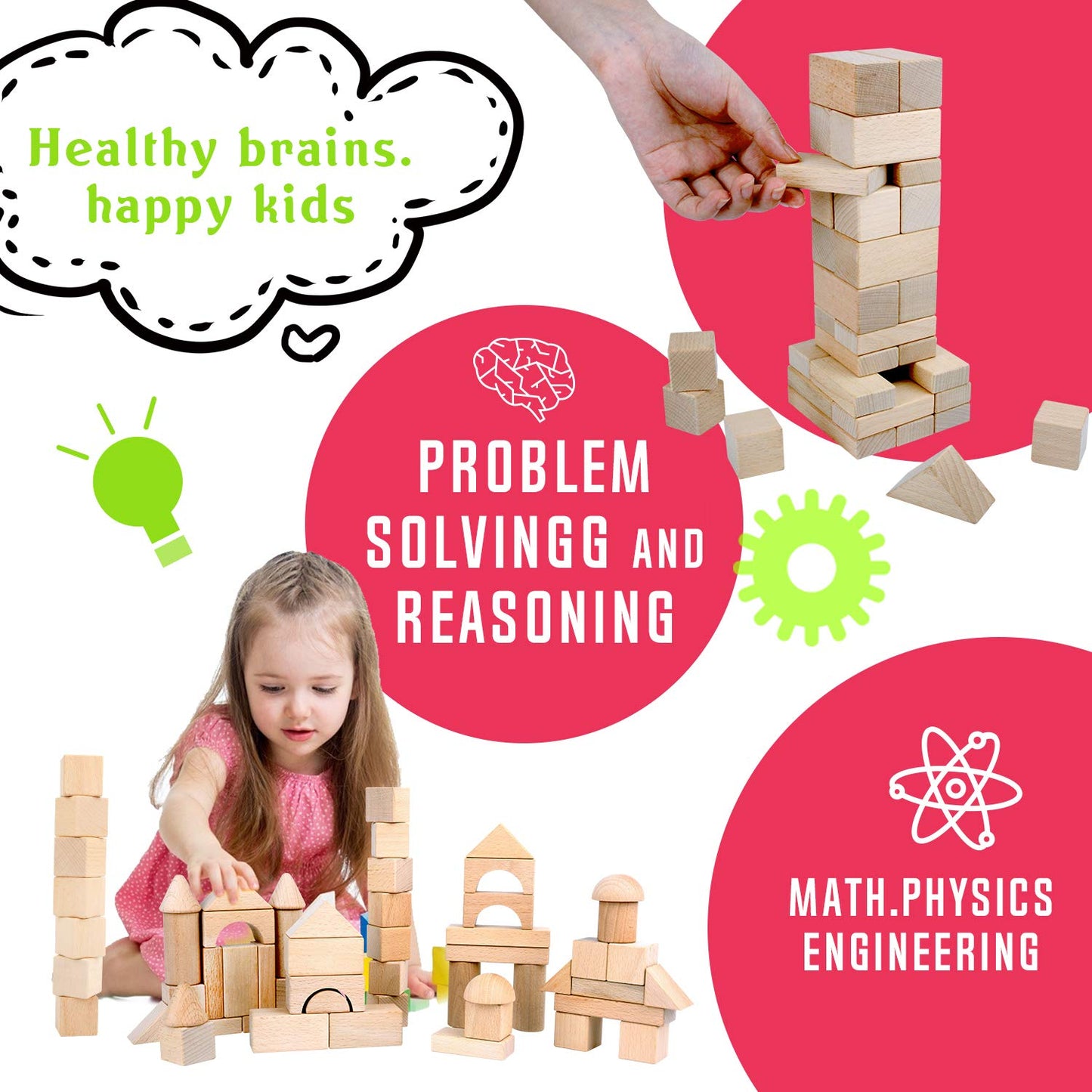 Migargle Wooden Building Blocks Set, 80-Pcs Preschool Stacking Construction Educational Toys for Kids Ages 3+