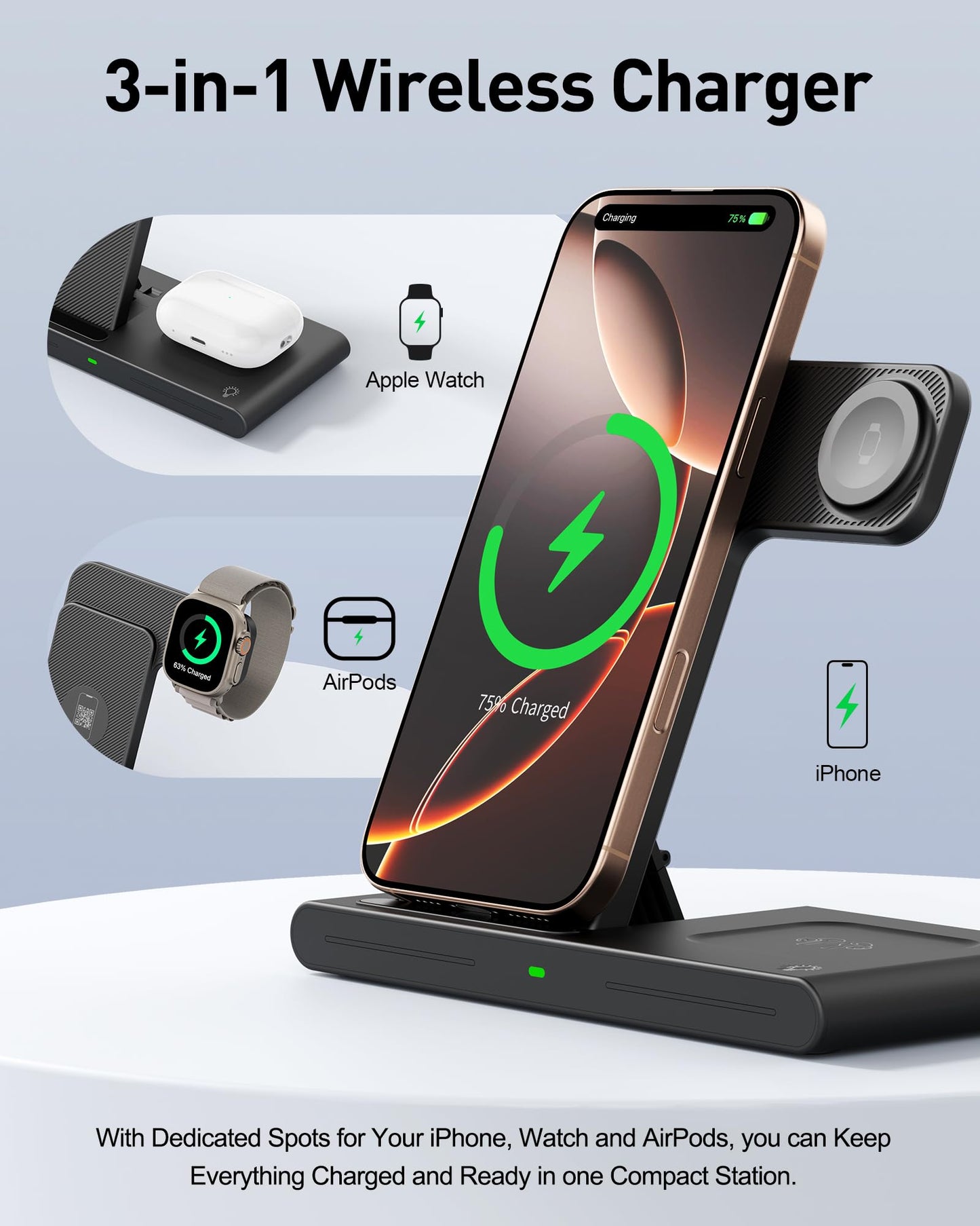 RYND 2026 Travel Portable Wireless Fast Charger for Apple & Android Charging Station,3 in 1 Charging for iPhone17 16 15 14 13 12,Apple Watch Series & Air pods 4 3 2 Pro,Samsung Galaxy