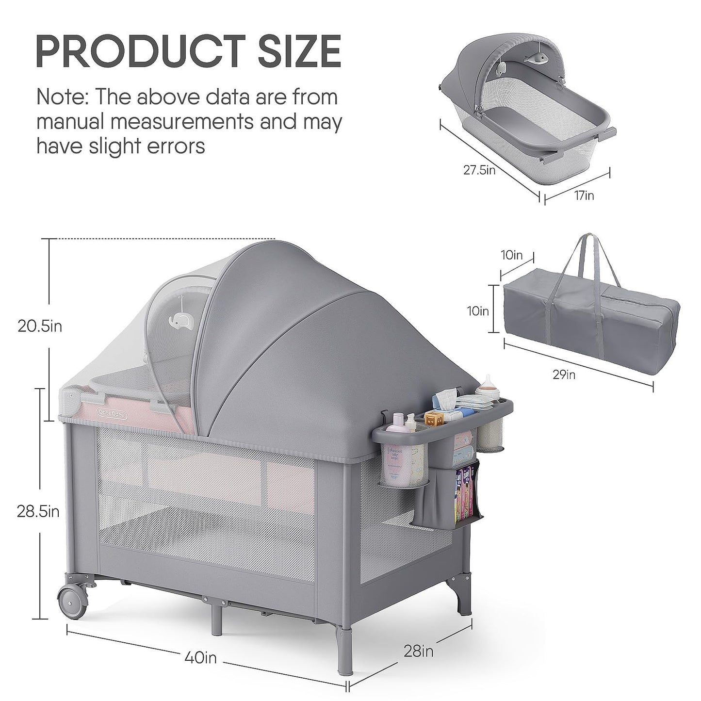 Obee Odee 4-in-1 Baby Bassinet with Playard, Napper Bassinet, Changing Table, Mosquito Net & Canopy, Storage and Toys for Newborn to Toddler