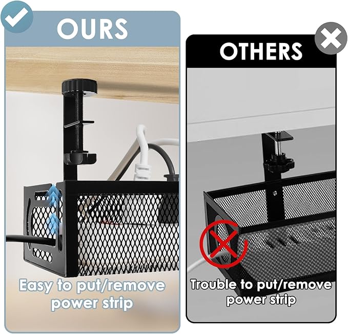 Cable Management, 2 Pack Cable Management Under Desk No Drill, Metal Cord Organizer with Clamp for Standing Desk, Cable Organizer for Home Office, Black