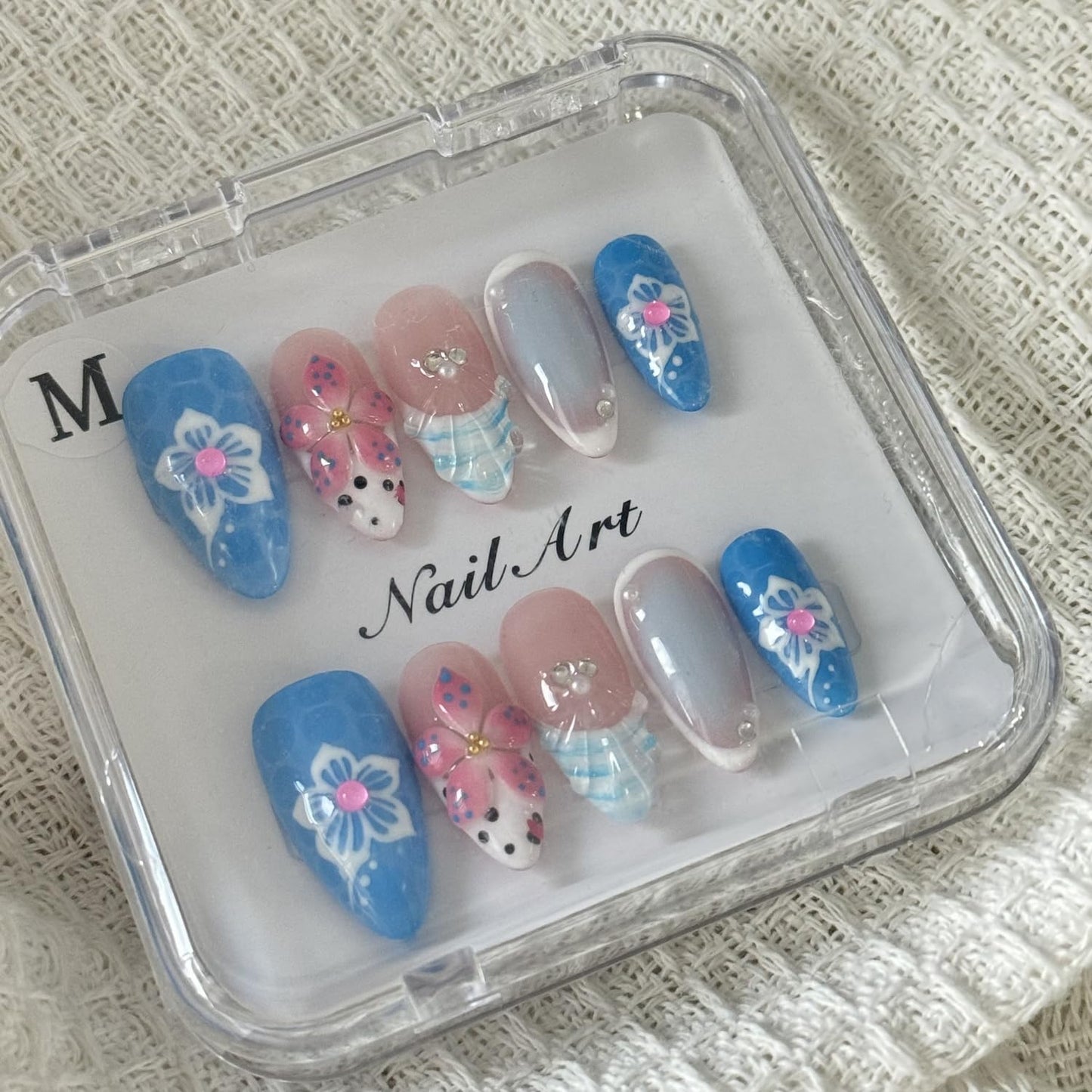10PCS Handmade Press on Nails Medium Length Almond Fake Nails Full Cover Blue with Pearl Rhinestones designs Gel Stick on Nails French Tip Unique 3d Flower False Nails (M Size)